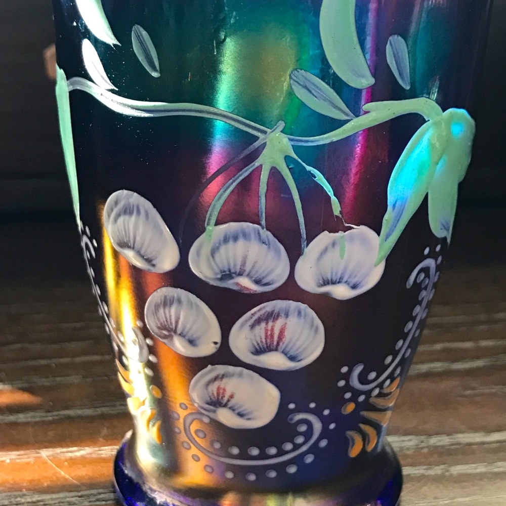 Vintage Northwood Carnival Glass Enameled Cherries Tumbler